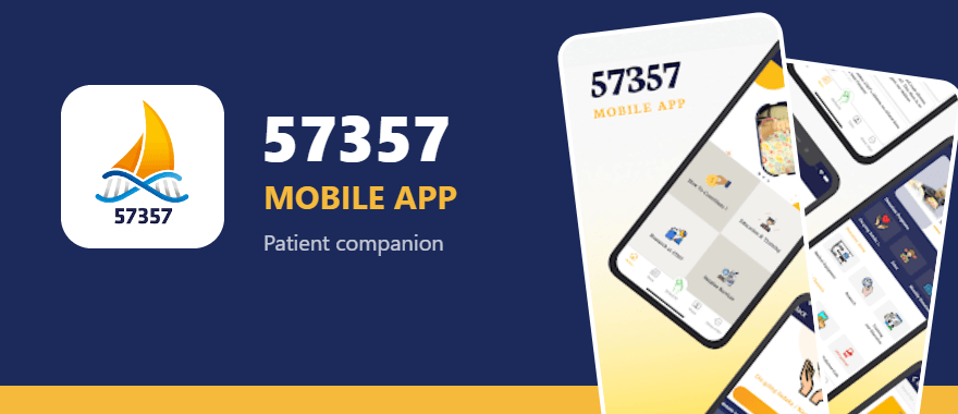 57357 Mobile App banner with app icon and phone screenshots