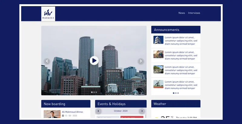 Marakez intranet homepage design on navy banner