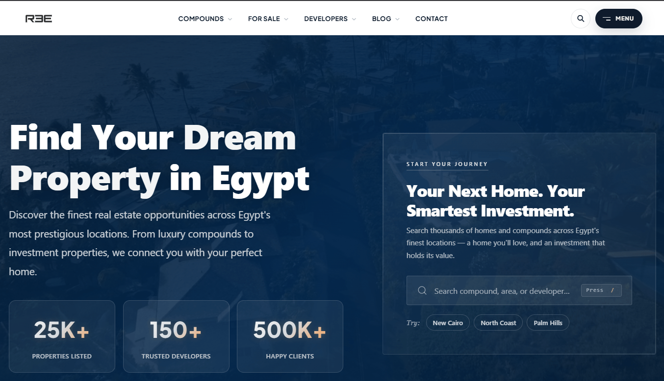Realestate EG hero — Find Your Dream Property in Egypt with search panel and stats